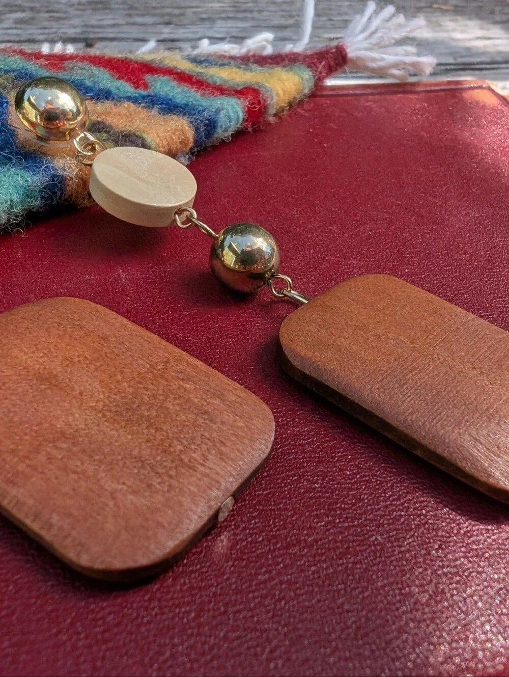 Wood and Gold Drop Earrings - Brown and Gold Chunky Earrings